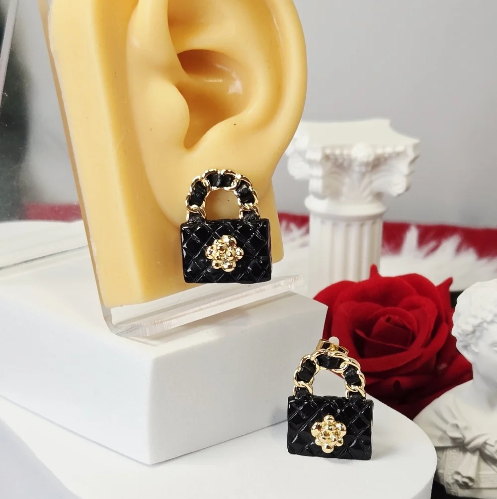 Black Quilted Handbag Stud Earrings Mini Purse Fashion Statement Studs Y2K Glam